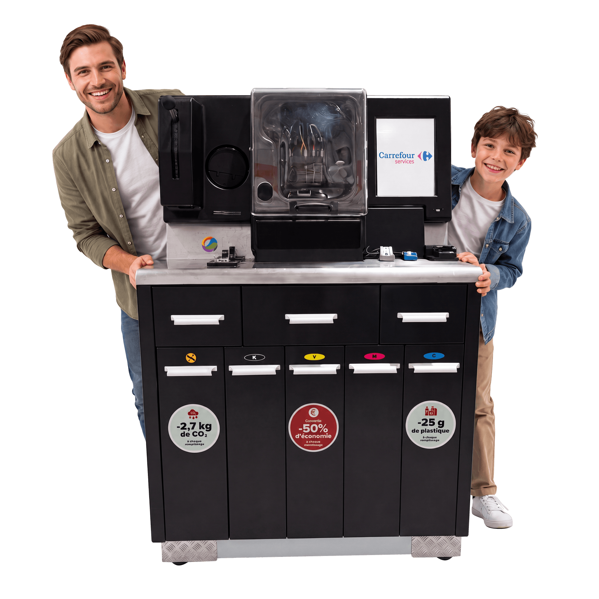 Famille devant une machine de recharge Bar a Encre